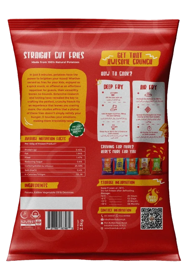 Straight Cut Fries back shows how to cook process and ingredients used in the process