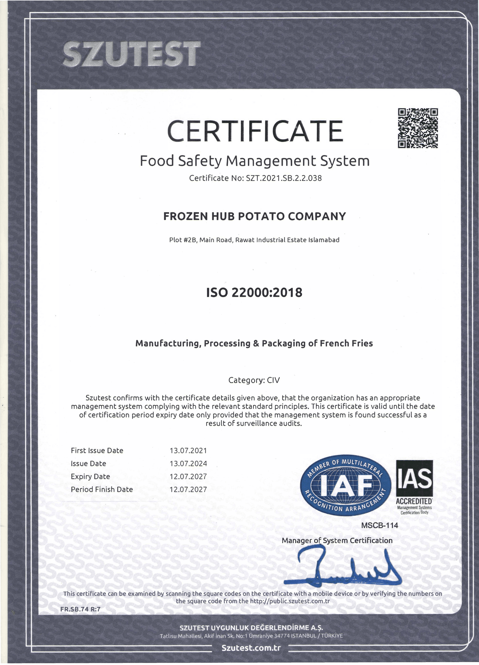 Food Safety Management System ISO 22000:2018 Certificate — Frozen Hub Potato Company